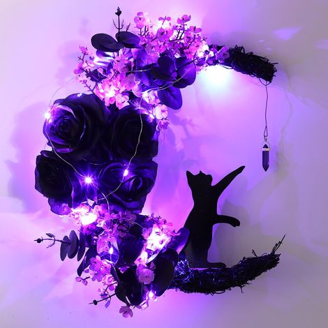 Guirlande Halloween - Chat Lune Avec Lumière LED - Pour Porte D'Entrée Extérieure Ou Intérieure - 35 X 25 Cm - 1 Pièce (1/5)