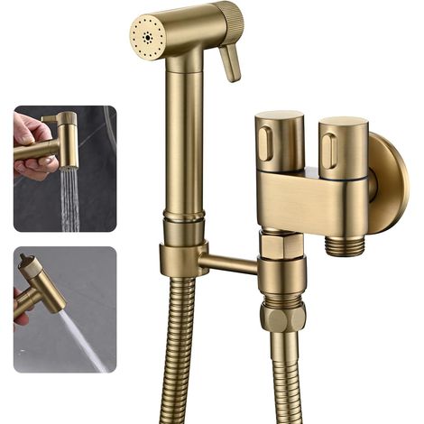 Kit Douchette WC Or Brossé, Laiton Douchette Toilette Un Entré et Deux Sortis Douchette WC Kit Complet avec Pulvérisateur de Bidet à 2 Fonctions, 1.2m Tuyau de Douche (1/5)
