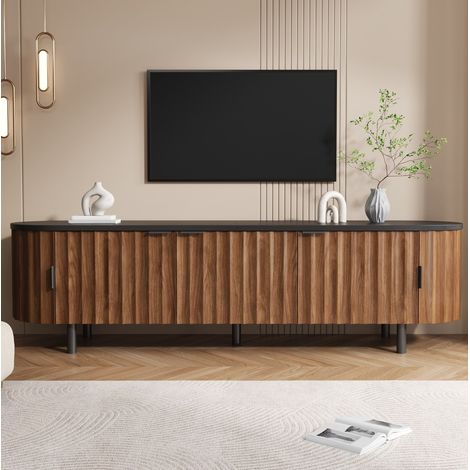 MODFU – Meuble TV 170 cm MDF noyer – 5 portes rainurées et côtés arrondis – Pieds fer – Noyer (1/5)