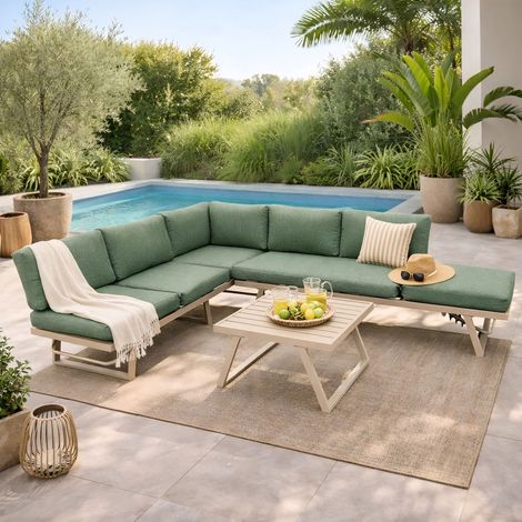 Salon de jardin 6 places modulable en aluminium beige et vert