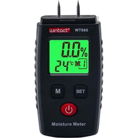 Moisture Tester, Pin Moisture Detector with 5 Modes, LCD Screen with Green Backlight, Mold Detector for Wood and Building Materials. (1/4)