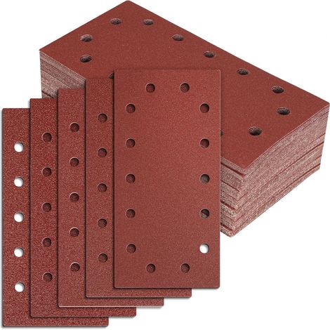 Papier Abrasif pour Ponceuses Vibrantes, 115x230 mm, 14 Trous, Auto-agrippantes, Grain 40-240 Mixte (40/60/80/120/240), Lot de 50 Feuilles (1/5)