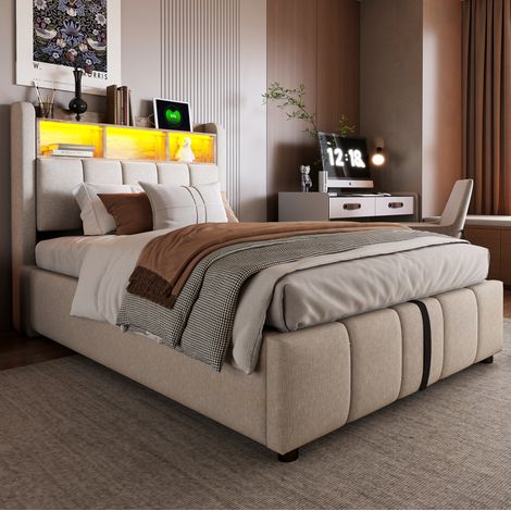 Letto a castello 90/200 cm con LED, USB-C e contenitore, in beige (1/5)