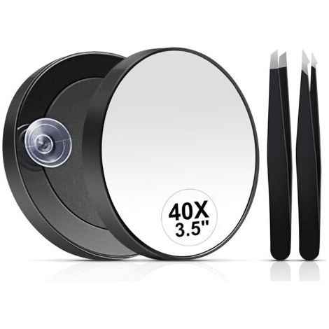 BUNTHAUS 40X Miroir grossissant , 8,9 cm Petit Miroir grossissant avec Ventouse et Pince à épiler, Mirror de Voyage, Ensemble de miroirs compacts pour épiler Les Sourcils (1/5)