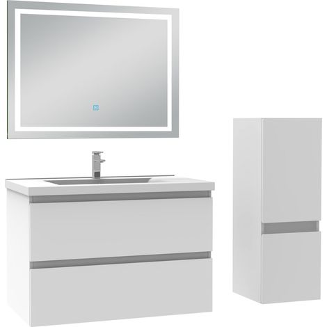 Ensemble meuble de salle de bain 80cm, vasque céramique + colonne bas + LED miroir mural, blanc