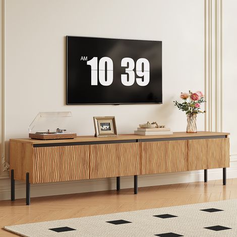 Modernluxe - Meuble TV moderne 180x35x43 cm - 4 portes ondulées - Gestion des câbles - Pieds en métal - MDF - Naturel (1/5)