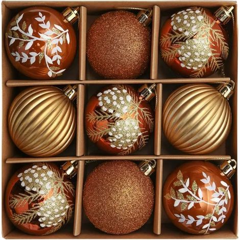 9pcs 6cm Boules de Noël, Boules de Sapin de Noël en Plastique Cuivré, Doré et Bronze, Ornement Décoration pour l'arbre de Noël (1/5)