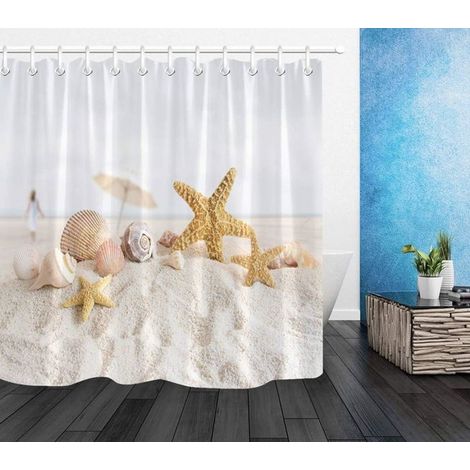 Rideaux de douche de plage tropicale 180 x 200 cm, étoiles de mer et conques sur sable blanc, rideaux de bain avec crochets, extra
