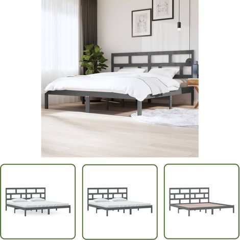 Lit adulte pour 2 personnes, Structure de lit, Assemblage Facile, Gris Bois de pin massif 200x200 cm OIB2497E (1/5)