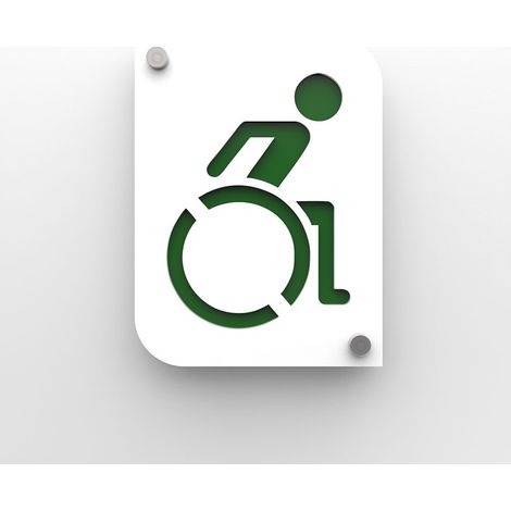 Pictogramme toilettes handicapés PMR - plaque porte design PMMA blanc - fond personnalisable - 20x15 cm, 2 plaques, fixation inox (1/4)