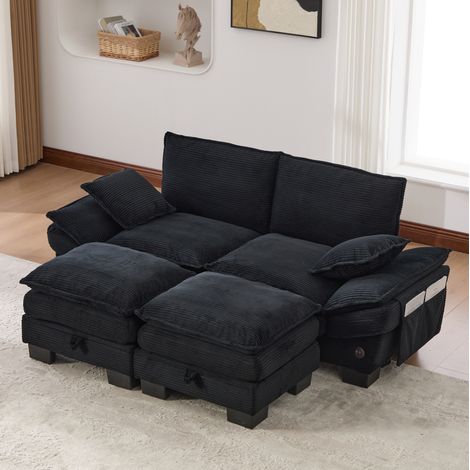 2 Sitzer Sofa (190x132x84 cm), modular, mit Hocker, USB C Anschluss, Seitentaschen, Corduroy, schwarz (1/5)