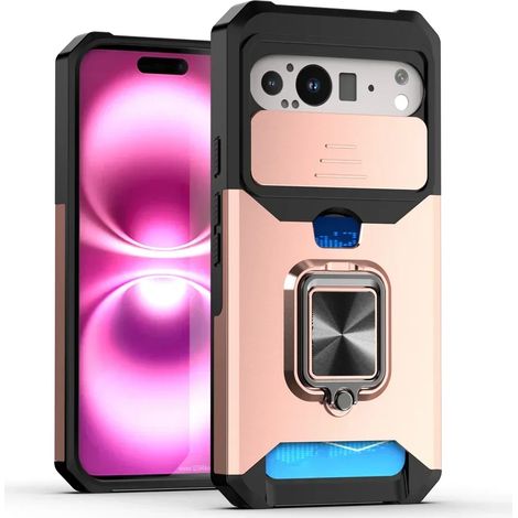 Étui de téléphone magnétique multifonction pour voiture (Rose Gold, Google Pixel 7 Pro), étui à carte coulissant pour appareil photo style portefeuille