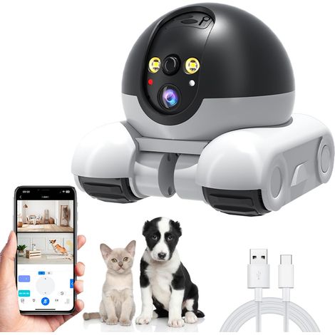 Caméra pour Animaux de Compagnie ,Caméras Mobile D'intérieur 1080P,2 Voies de Communication,Détection de Mouvement,Vision Nocturne,Caméra Mobile sans fil avec Télécommande APP pour Chats et Chiens (1/5)