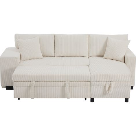 Canapé d'angle convertible avec fonction lit, rangement et ports USB, tissu côtelé, 3 places, beige ou gris foncé (1/5)