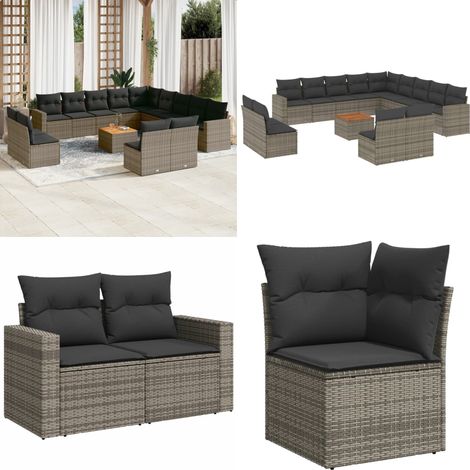 Salon de jardin avec coussins 14 pcs gris résine tressée - Ensemble Salon De Jardin - Mobilier De Jardin - Canapé Extérieur - Set Salon De Jardin - Chaise Lounge - Home & Living