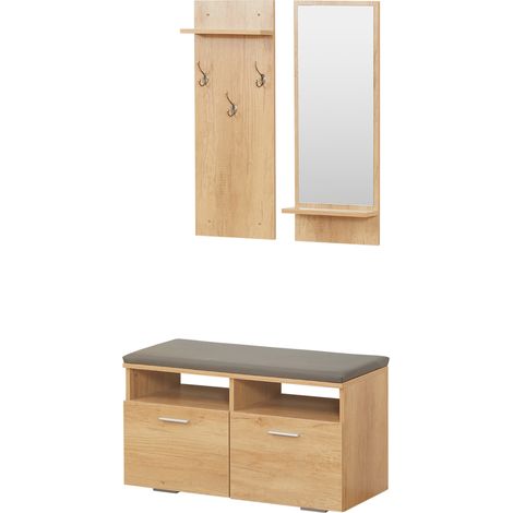 Ensemble de meuble d'entrée vestiaire d'entrée, 1 miroir avec étagère, 1 porte-manteau avec étagère, 1 banc à chaussures (1/5)