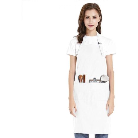 Tablier de cuisine ajustable en toile de coton avec 2 poches avant, idéal pour cuisiner et pâtisser - Blanc, taille L (1/5)
