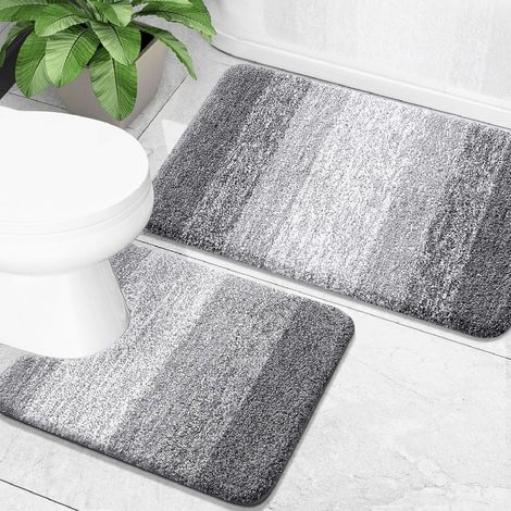 Lot 2 tapis bain microfibre - Douche antidérapant - Lavable - 61x41cm + 61x51cm - Gris (1/5)