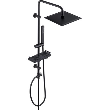 Colonne de Douche sans Robinet en acier inoxydable, Ensemble de Douche Murales Réglables avec Pommeau de douche Effet Pluie, Étagère et Douchette 20x20 cm Noir (1/5)