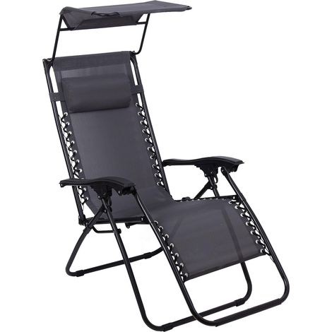 Transat de Jardin Pliable avec Pare-Soleil, Chaise Longue Inclinable Multiposition, Bain de Soleil Relax en Textilène Respirant avec Repose-Tête et Accoudoirs, pour Plage, Camping, Gris (1/5)