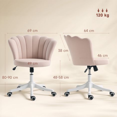 Fauteuil de travail en velours rose, siège de maquillage à dossier fleuri, hauteur ajustable, 69 x 64 x 80-90 cm (1/2)