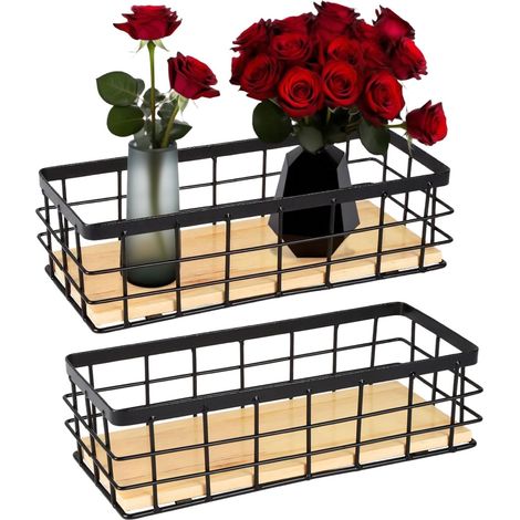 Set of 2 Metal Baskets with Wooden Base 25 cm Kitchen Basket Black (1/5)