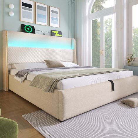 Bett 160x200 cm modern in Beige mit hohem Kopfteil, LED, USB/Type-C, hydraulischem Stauraum und Matratze (1/5)