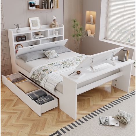 Letto 140x200 cm bianco in legno, con vano contenitore e tavolo ribaltabile (1/5)