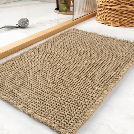 Tapis de bain gaufré, Paillasson,super absorbant, antidérapant, lavable en machine avec glands, ultra doux, envers en caoutchouc,50x 80cm, marron (1/5)