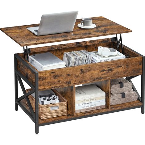 Mesa de centro elevable con almacenaje oculto y compartimentos abiertos estructura de acero 50 x 100 x 62 cm marrón rústico y negro 120007491