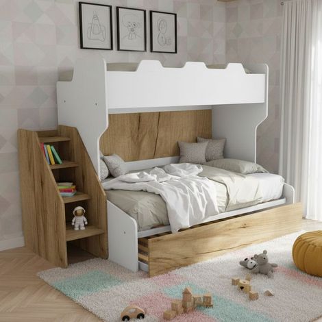 Letto a castello 3 posti con terzo letto estraibile e scaletta contenitore - Una piazza e mezza - Bianco e Quercia