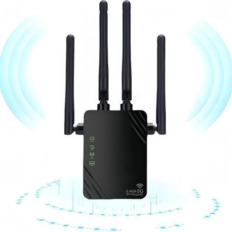 Ripetitore WiFi, Nuovo Amplificatore WiFi 2024, Amplificatore WiFi 1200Mbps, Amplificatore WiFi Dual-Band 5GHz e 2.4GHz, Modalità Ripetitore/Router/AP, 4 Antenne, Ideale per Casa e Ufficio (1/4)
