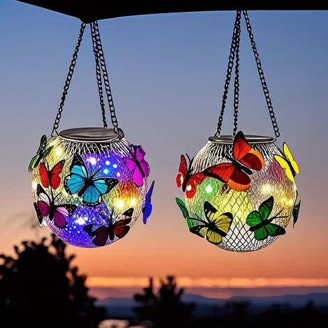 Kindfiber OÜ-Lot de 2 lampes solaires à suspendre en forme de papillon - Lampes solaires d'extérieur de jardin - Décoration de jardin pour la maison, la cour (1/5)