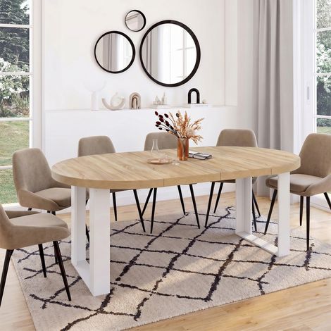 Mesa de comedor redonda extensible PHOENIX 6-10 personas madera y blanco 140-200 cm (1/5)