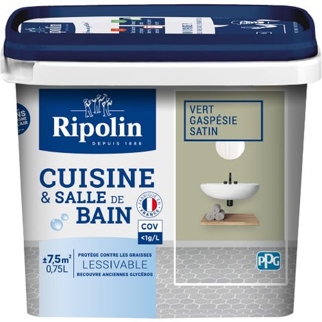 Peinture Murale spéciale Cuisine et Bain - Satin - 0,75L -  Vert Gaspesie - Ripolin (1/5)