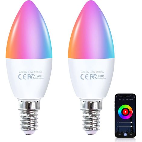 Ampoules intelligentes Alexa, Ampoule LED WiFi E14 Dimmable 4.9W 470Lm, RGB 16 Millions de Couleurs, Contrôle APP Compatible Avec Alexa/Google Home, Commande Vocale, Paquet de 2 (1/5)