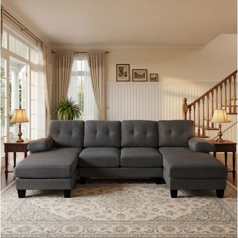 Sofá en U (268x128x84 cm), chaise longue doble, bolsillos laterales, reposabrazos extraíbles, chenilla gris (1/5)