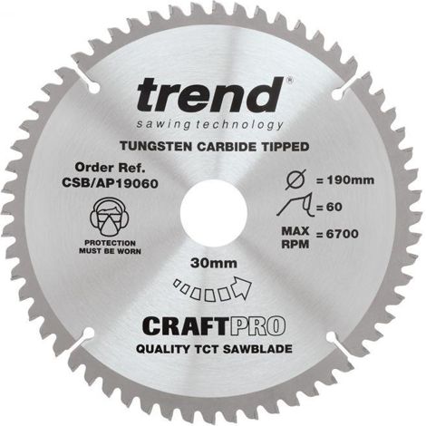 Trend CSB/AP19060 Craft 190mm x 60 Teeth x 30mm Saw Blade For Aluminium & Plastic