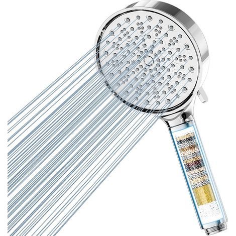 Pommeau de douche anticalcaire, pommeau de douche avec filtre à 20 étapes, pommeau de douche haute pression avec 6 jets différents, pommeau de douche économique en eau (chrome) (1/5)