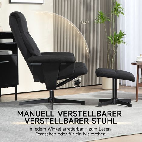 Fauteuil relaxant inclinable pivotant et berçant avec repose-jambes, revêtement velours noir, charge maximale 150 kg (1/4)