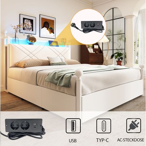 Bett Doppelbett Stauraum 140x190 LED USB Weiß OKMYHOME (1/5)