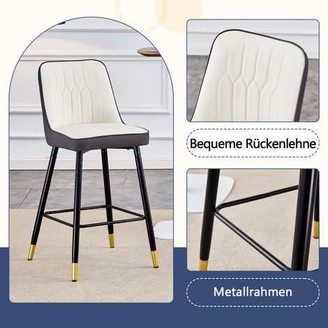 Lot de 2 tabourets de bar, hauteur 100 cm, revêtus en simili cuir blanc et gris foncé, piètement en métal noir, avec repose-pieds confortable. Disponibles en plusieurs coloris, parfaits pour votre bar (1/5)