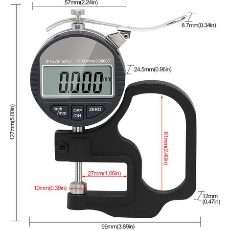 High-precision digital thickness gauge (0.001 mm), 0-12.7 mm, electronic, suitable for paper and film.