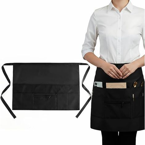 CCYKXA Kurze Küchenschürze für Damen und Herren, schwarze Kellnerschürze mit 8 Taschen, Halbschürze für Cafés, Bäckereien, Restaurants, Bars und Küchen, 71 x 50 cm