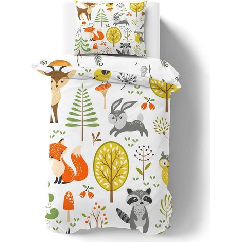 Housse de Couette Junior 120 x 150 cm Garçons et Filles Housse de Couette 1 Personne ThèMe Animalier Impression Renard Lapin Hibou Cerf Parure de lit 120x150cm et Taie d’Oreiller pour Bas Âge (1/5)