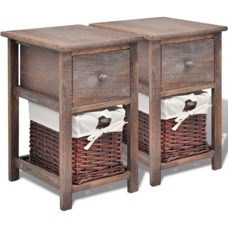Table de chevet 1 tiroir et 1 panier paulownia massif foncé Poupa - Lot de 2 (1/5)