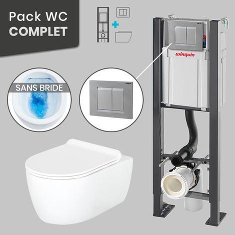 Pack WC Bâti universel Wirquin Pro + Cuvette SANEO sans bride + Plaque chrome mat (1/5)
