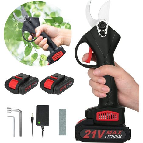 Sécateur électrique sans Fil, avec 2 x 1500 mAh batterie 21V, moteur sans balai, sécateur pour jardinage, sécateur adapté pour jardins, branches, potagers, Noir (1/5)
