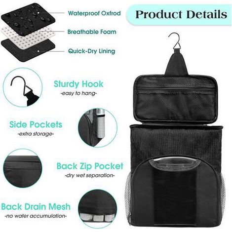 Available in one color only: black. Material: polyester. Large capacity portable mesh shower bag, ideal for camping. (1/5)