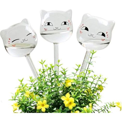 Lot de 3 Boules d'arrosage, Verre transparent, Forme chat, Auto-arrosage, Plantes intérieures, Jardin, Vacances